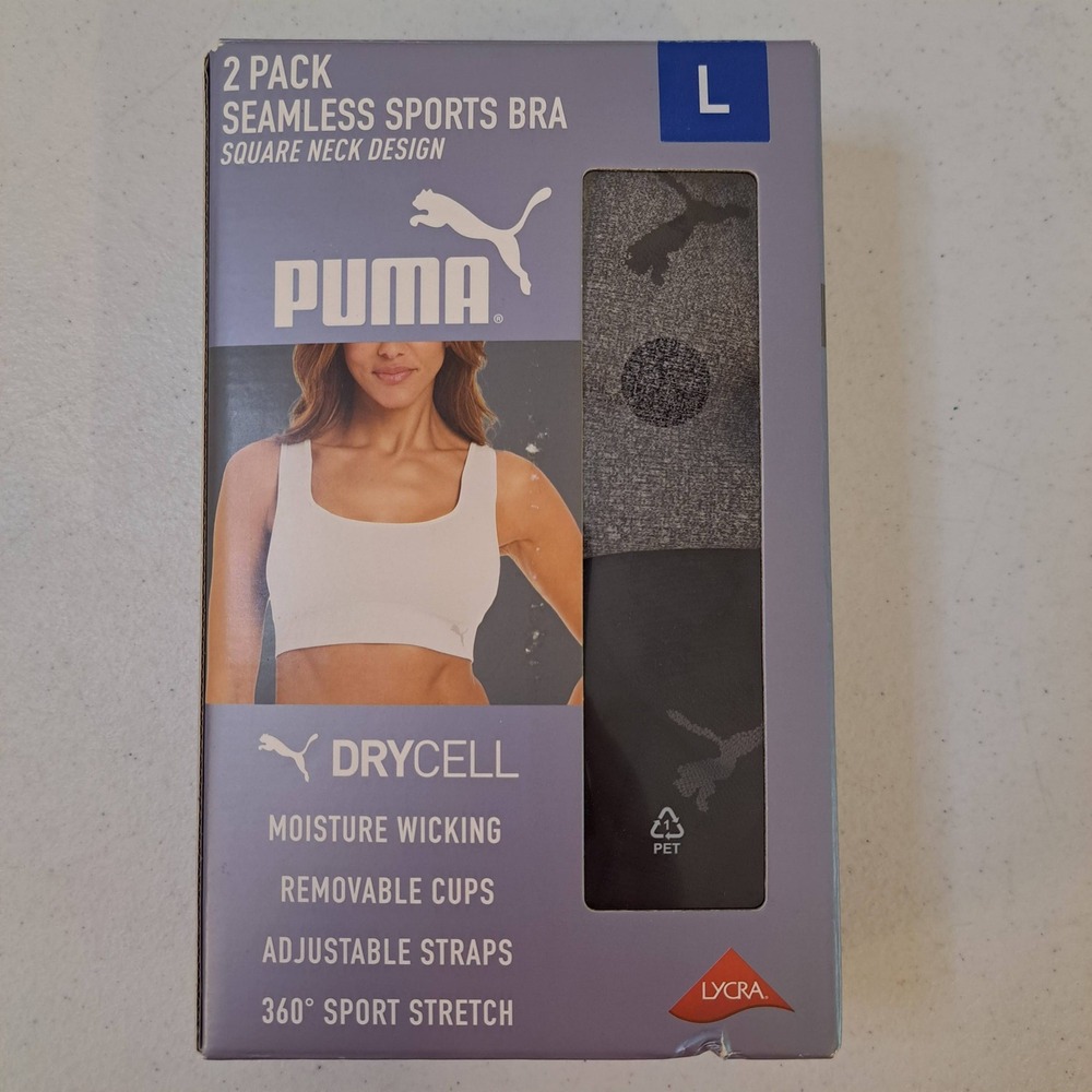 Puma Sports Bra Womens Large Grey Black NWT Seamless Square Neck 2 Pack 1530-210
